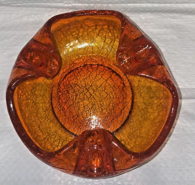 Vintage VIKING Crackle Glass Ashtray ~Persimmon