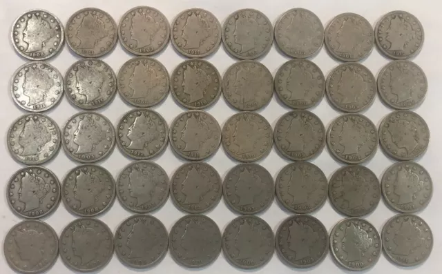 ROLL of 40 VG LIBERTY V NICKELS, mixed common dates. EXACT COINS SHOWN. #01