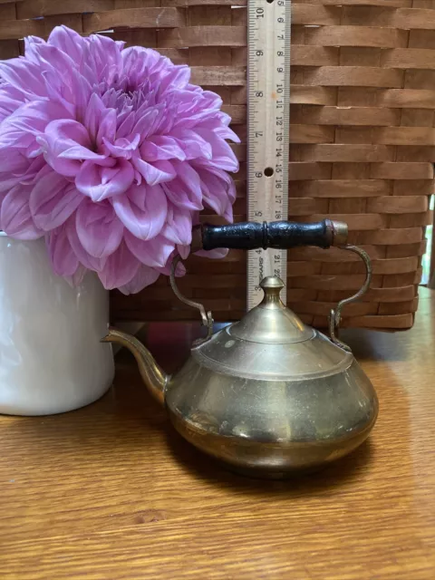 Vintage Antique Brass Tea Kettle Teapot Goose Neck Brass & Wood Handle