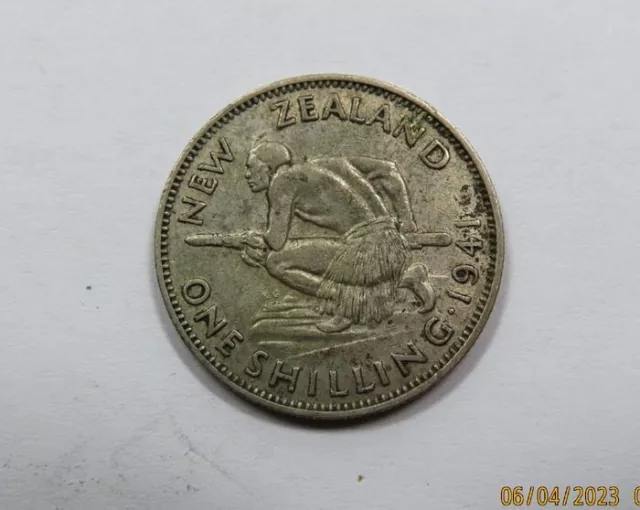 New Zealand King George VI Silver One Shilling 1941 Mauri holding Spear