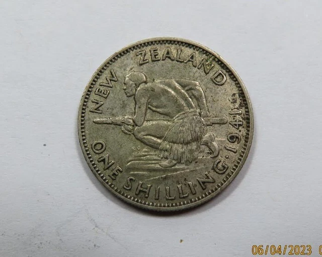 New Zealand King George VI Silver One Shilling 1941 Mauri holding Spear