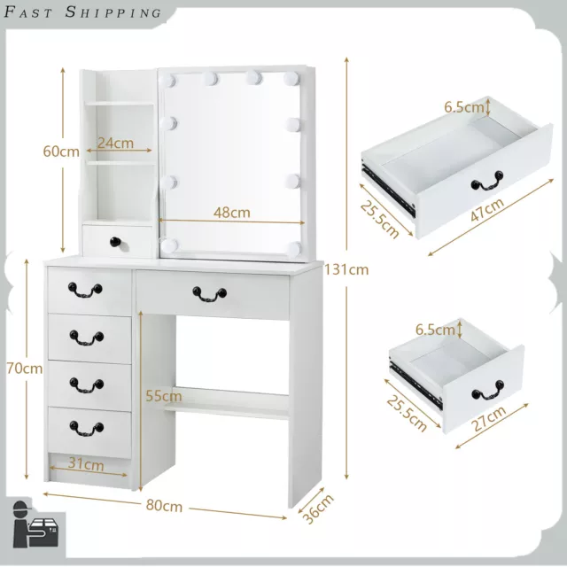 Dressing Table w/ Lighted Mirror Makeup Desk Vanity Set 6 Drawers For Valentine 2