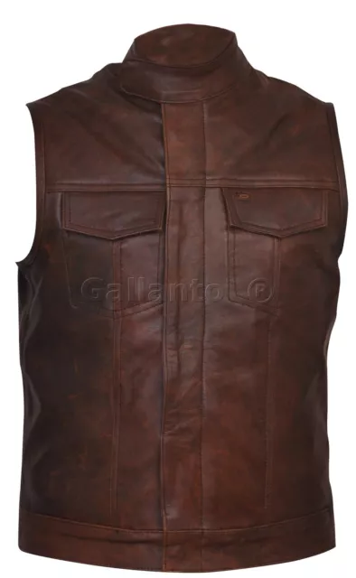 Cut off Cowhide Brown Leather Mens Womens Gilet Vest Waiscoat Biker Motorcycle)