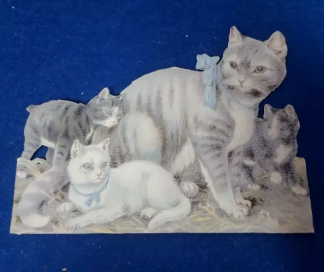 Rare Antique Victorian Die Cut Scrap Mother Cat W/ Kittens