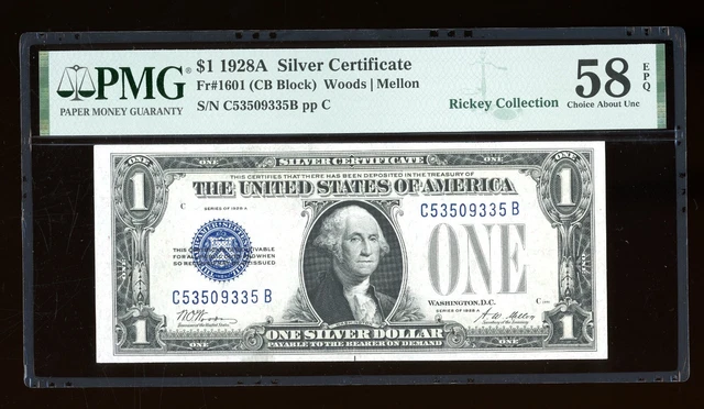 DBR 1928-A $1 Silver Funnyback Fr. 1601 CB Block PMG 58 EPQ Serial C53509335B
