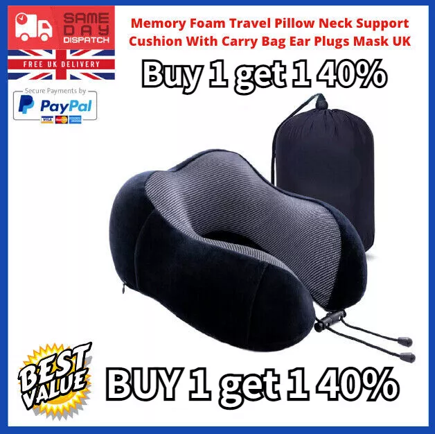 Memory Foam Travel Pillow Neck Support Cushion With Carry Bag UK