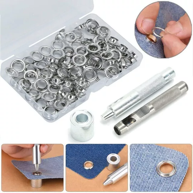 100x Silver Leather Craft Ring Eyelets+Die Punch Grommet Tool Die Punch Kit 10mm 2