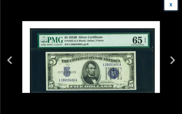 VINSON SILVER Fr. 1652 $5 1934B Silver Certificate PMG Gem Uncirculated 65 EPQ.