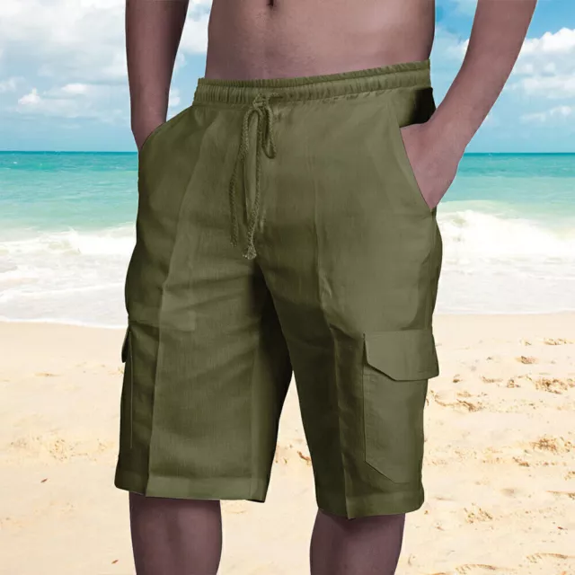 MENS CARGO COTTON Linen Shorts Elastic Waist Sport Summer Holiday Pants ...
