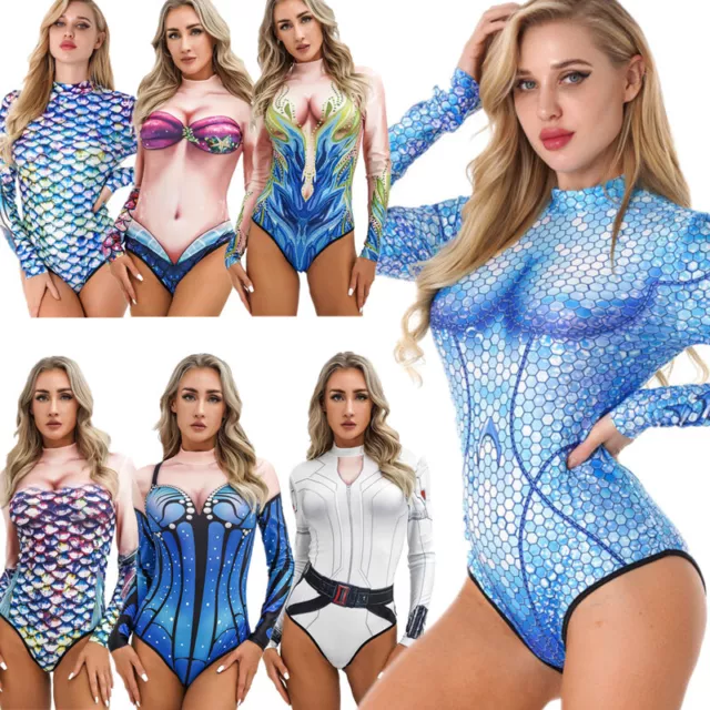 Womens One Piece Monokini Swimsuit Mermaid Printed Bodysuit Surfing Swimwear