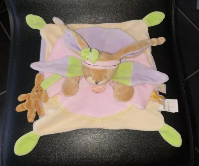 Doudou Et Compagnie Lila Lapin Plat Violet Vert Rose Beige Noeud Oreille