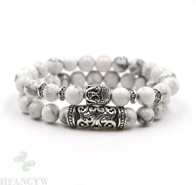 2pcs 8mm Howlite Gemstone Mala Stretchy Bracelets 7.5 inches Bless Chakra