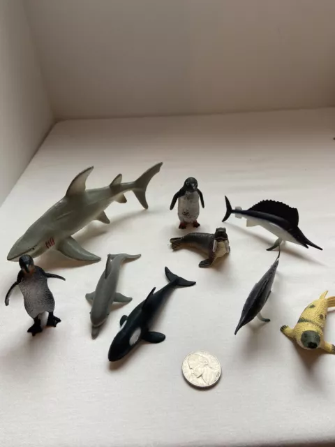 Lot of 9 Plastic Ocean Animals Figures Sea Creatures Toys Whales Penguins Fish