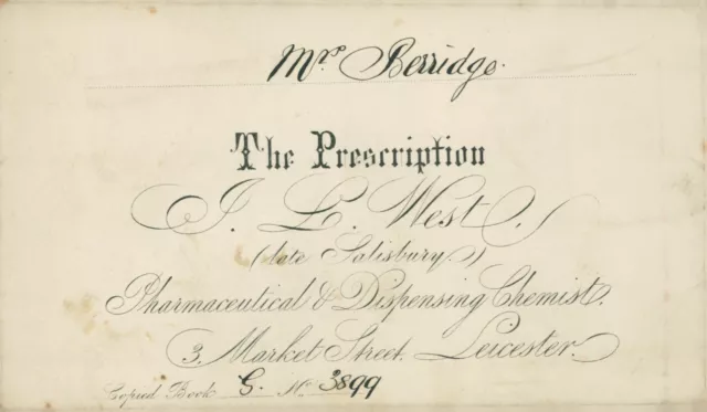 Antique Prescription Envelope J L West Chemist Leicester To Mrs Berridge