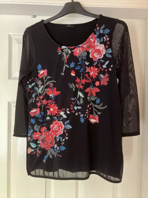 M&Co Black 3/4 Sleeve Top with Floral Design Size 10