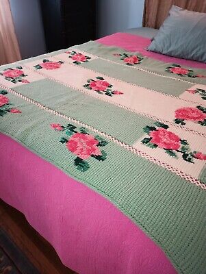 Simply Shabby Chic CROSS STITCH THROW Green Pink Rose Blanket 55x65 Cottage Core