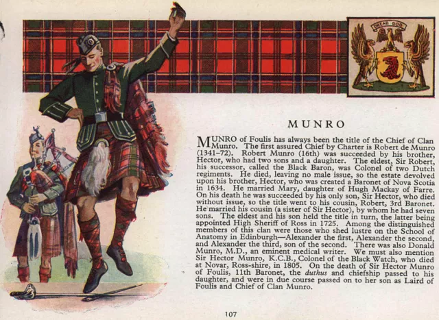 Munro. Scotland Scottish clans tartans arms 1957 old vintage print picture