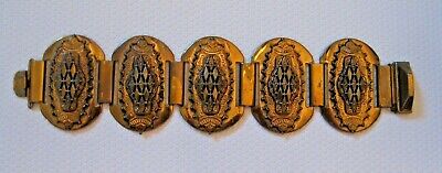 Rare Victorian Revival Panel Link Bracelet Tier Ornate Floral Filigree GP Brass