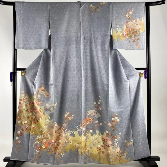 Japanese kimono  "HOUMONGI" SILK, Gold /Silver leaf, Hand fans, Ume,L63".2757