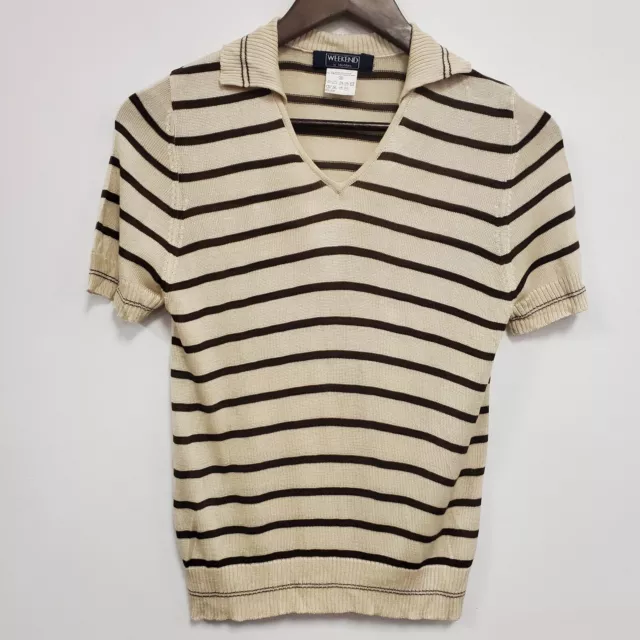Weekend Max Mara Womens Slinky Knit Polo Top Size S Brown Striped Short Sleeve