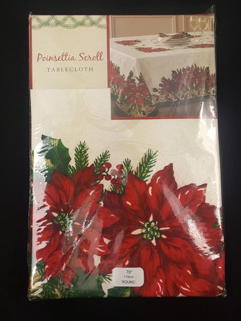 Round Tablecloth Poinsettia Scroll Damask Christmas Winter Holiday Table Decor