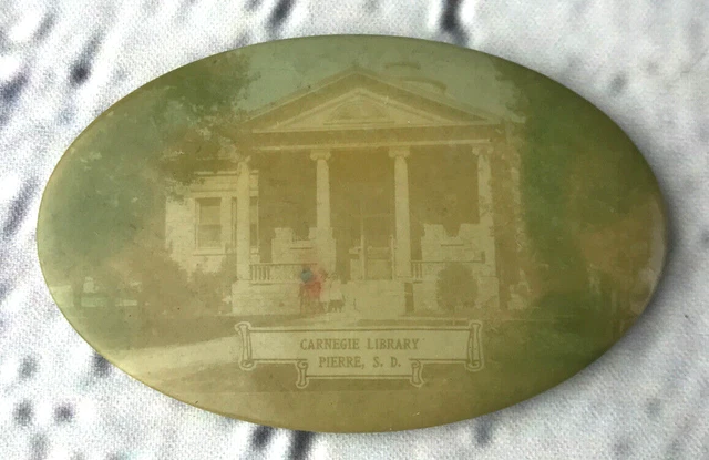 Antique Vtg Advertising Oval Pocket Mirror Carnegie Library Pierre SD Souvenir