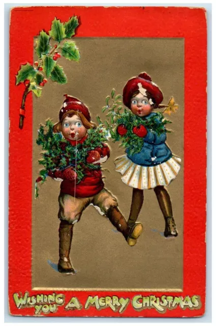 c1910's Merry Christmas Children Holly Berries Mistletoe Embossed Tucks Postcard