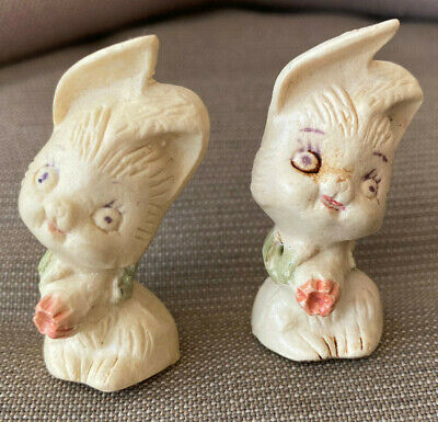 Early Plastic Resin Vintage 2 Figurines Pair Rabbit Figure Yellow Pink Flower 2"