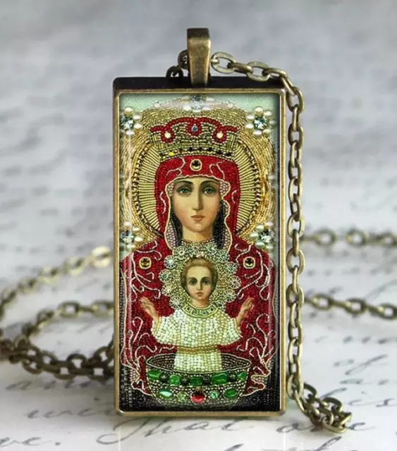 Handmade  Religious Russian Orthodox  Theotokos Jesus  Icon Pendant Necklace,