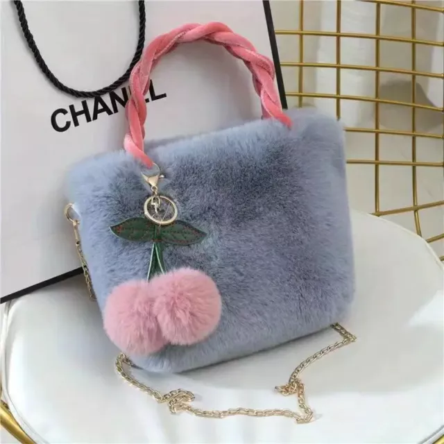 NEW Fluffy Bucket Bag with Cherry Pendant Plush Tote Chain Bag Crossbody Bag