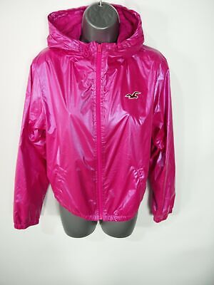 Womens Hollister Rain Jacket Size Medium Bright Pink Waterproof Coat Lightweight