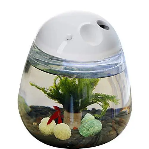 Plastic Small Fish Tank with Lid Desktop Round Fish Bowl and LED Lighting for...