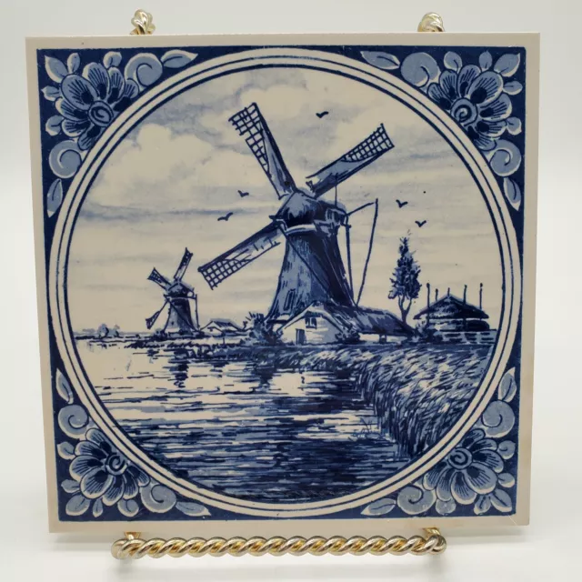 Delft Blauw Handpainted Tile Trivet 6" Windmill Boats Houses Made in Holland