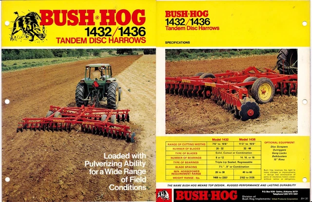 BUSH HOG SALES Brochure Tandem Disc Harrows Model 1432 1436 gprdc1 $1. ...
