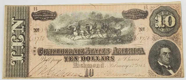 1864 $10 Dollar Confederate States of America Note C.S.A Series 3 Serial #68730