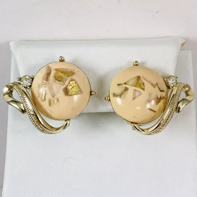Vintage CORO Signed Round Confetti Lucite Gold Tone Clip on Earrings