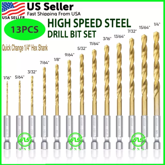 13PCS HSS Twist Drill Bit Set Metal Titanium 1/4" Hex Shank Kit QUICK RELEASE US