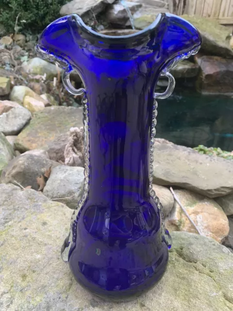Vintage Cobalt Blue Blown Glass Vase - Hand Made in Romania