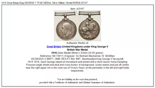 1918 Great Britain King GEORGE V WAR MEDAL Silver Military Medal HORSE i93167 3
