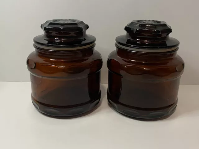 Vintage Dark Amber Glass Apothecary/Spice Jars with Starburst Lids Two Piece Set