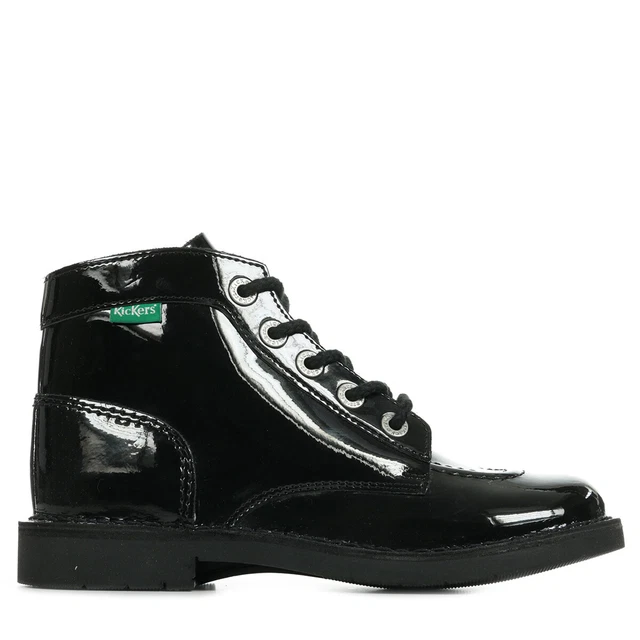 BOTTINES KICKERS FEMME Kick Col Vernis Noir Noire Cuir Lacets EUR