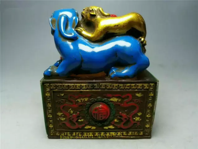 Collect China Colored glass（Liuli）painted Mother child beast seal signet stamp 2