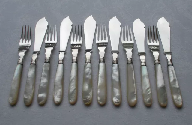 Raro 12-tlg. Posate da Pesce IN 835er Argento + Madreperla Holland 1888-1921