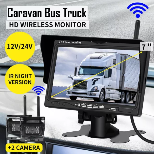 7" Wireless Rear View Monitor +2 WIFI Reverse Camera Kit Caravan Bus Truck 12V