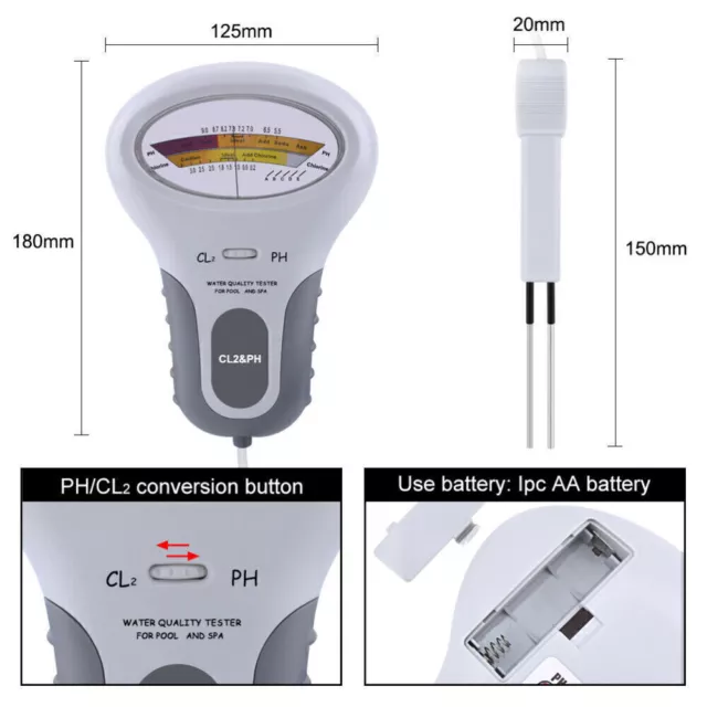 2-in-1 Swimming Pool Water Quality Tester PH Meter Residual Chlorine Detector 3