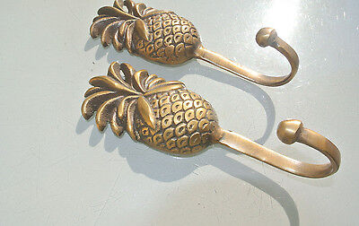2 PINEAPPLE COAT HOOKS small solid brass antiques vintage old style 12 cm hook B