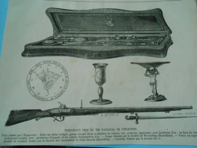 Les prizes du shot nationale Vincennes box rifle glass engraving old print 1869