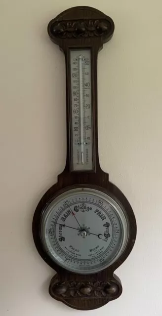 Antique Edwardian Large Carved Oak Banjo Aneroid  Barometer