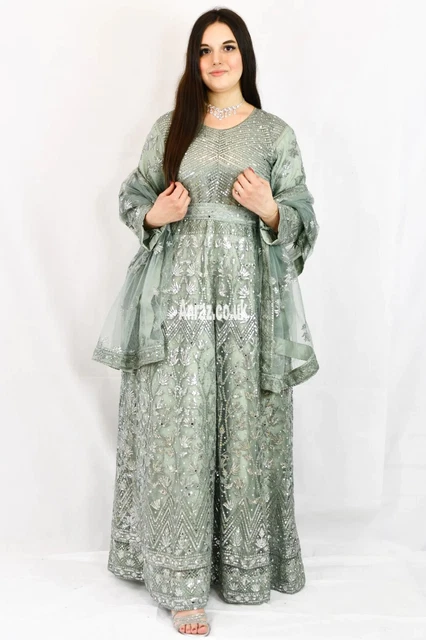 Indian Pakistani Wedding long dress Sage green Asian Stitched Maxi Partywear - L