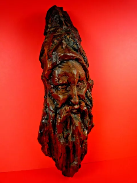 Unique Vintage Hand Carved Wooden Sculpture Face Old Breaded Man Wizard